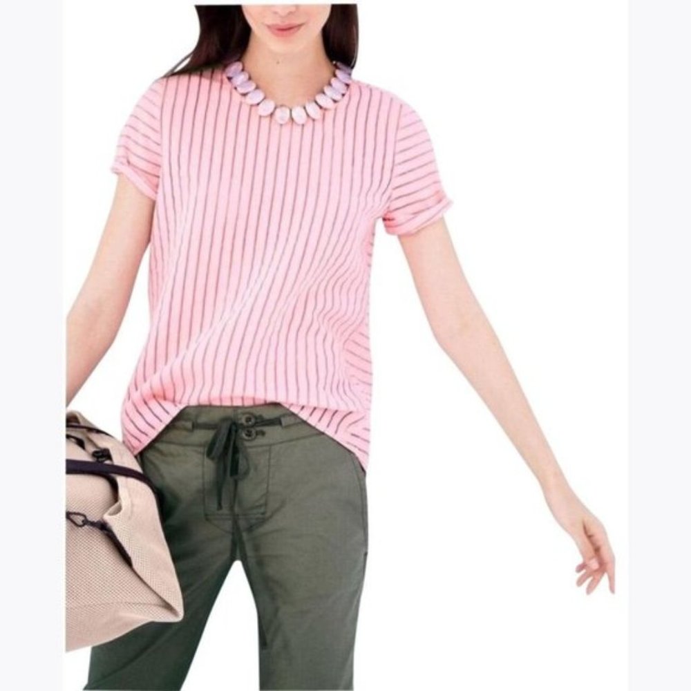 J. Crew Women's Pink Shadow Stripe Top Barbie Semi-Sheer Exposed Zip